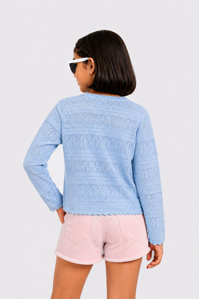 Tweens Girls Blue Pointelle Sweater - Image 3