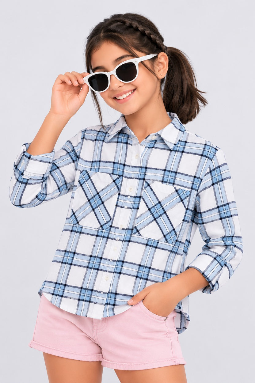 Tweens Girls Light Blue Checked Casual Shirt - Image 1