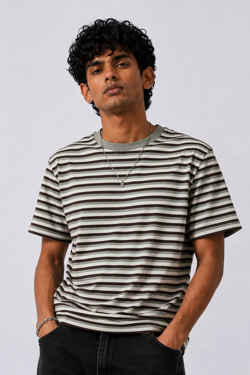 Mens Regular Fit Green Striped T-Shirt - Image 1
