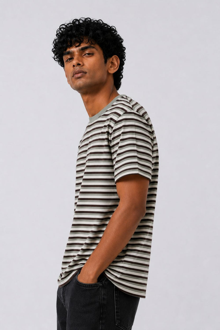 Mens Regular Fit Green Striped T-Shirt - Image 4