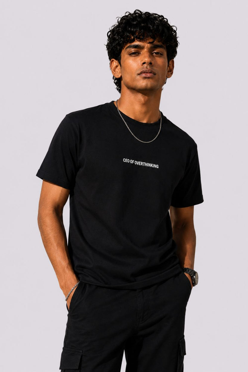 Mens Black Drop Shoulder Typographic Print T-Shirt - Image 1