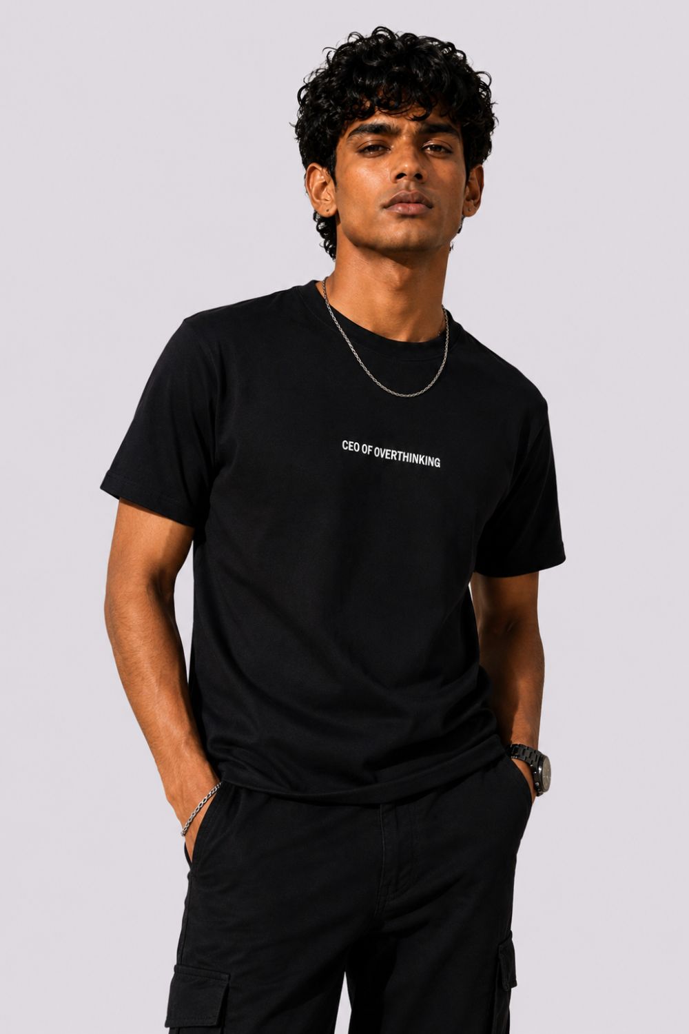 Mens Black Drop Shoulder Typographic Print T-Shirt - Image 1