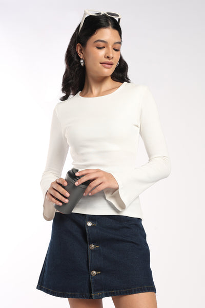 Womens Regular Fit Off White Ribbed Bell Sleeve Top