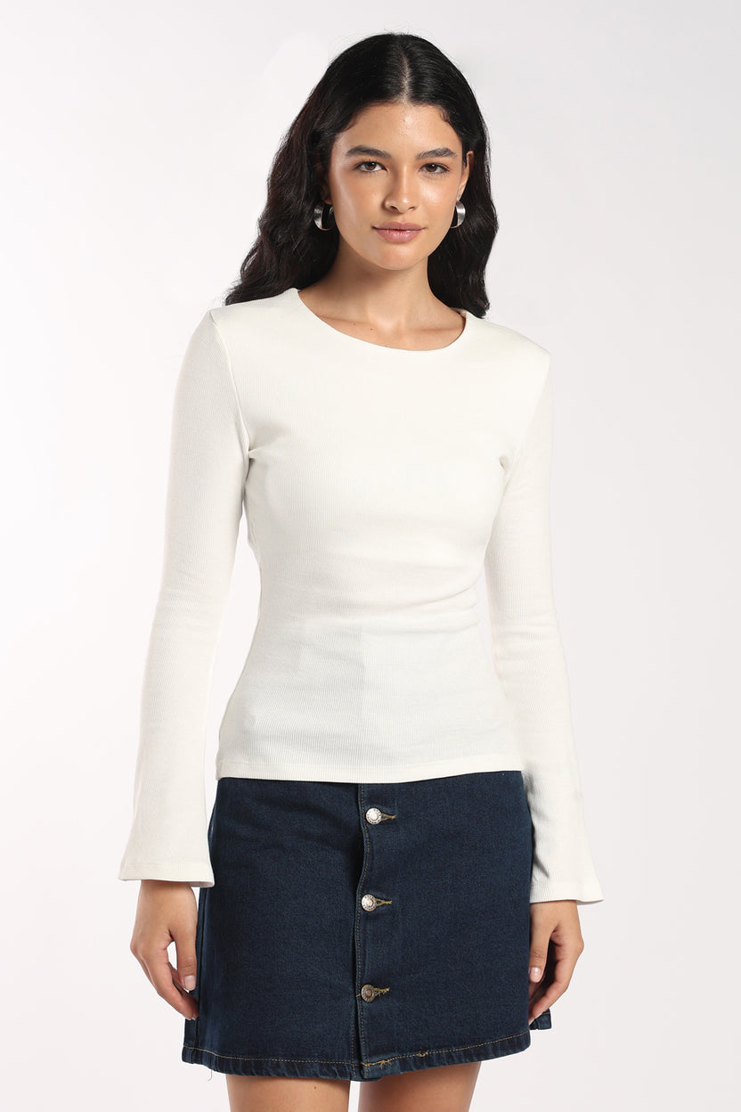 Womens Regular Fit Off White Ribbed Bell Sleeve Top - Image 2