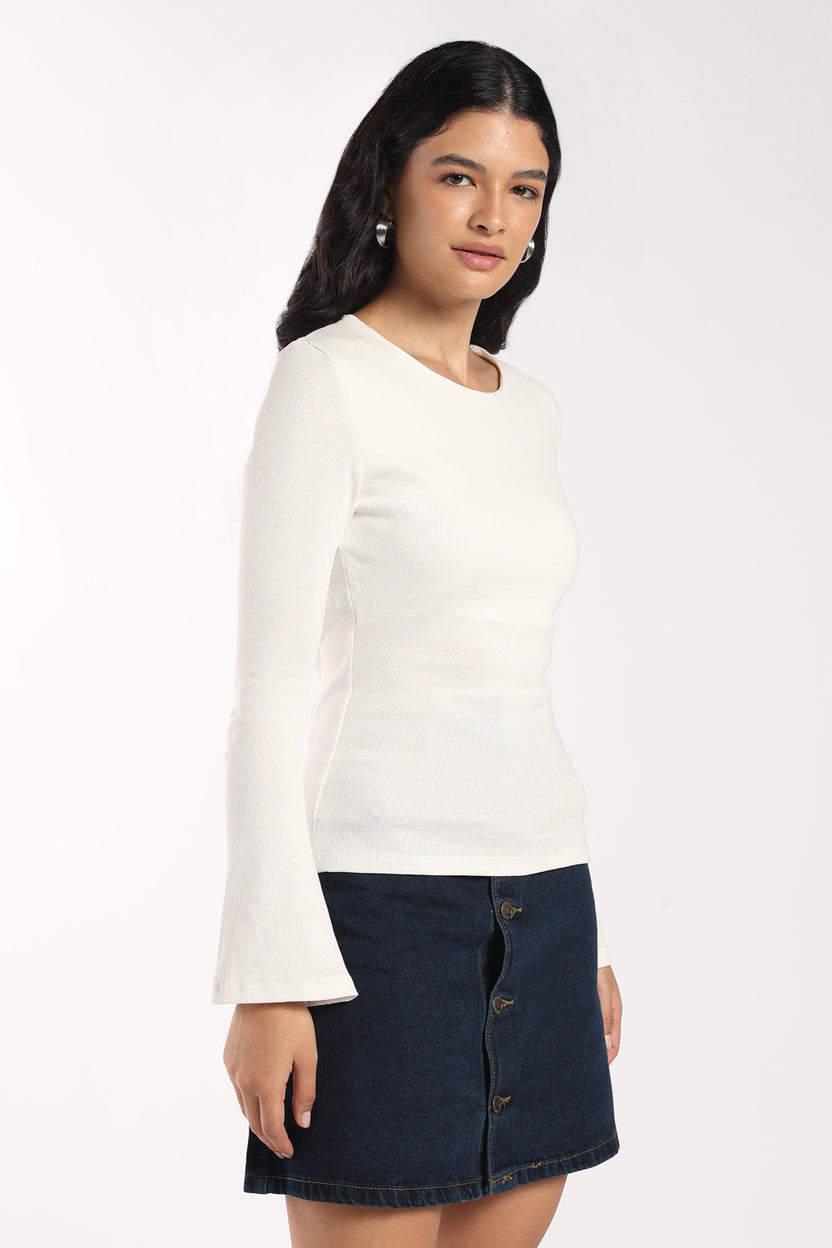 Womens Regular Fit Off White Ribbed Bell Sleeve Top - Image 4