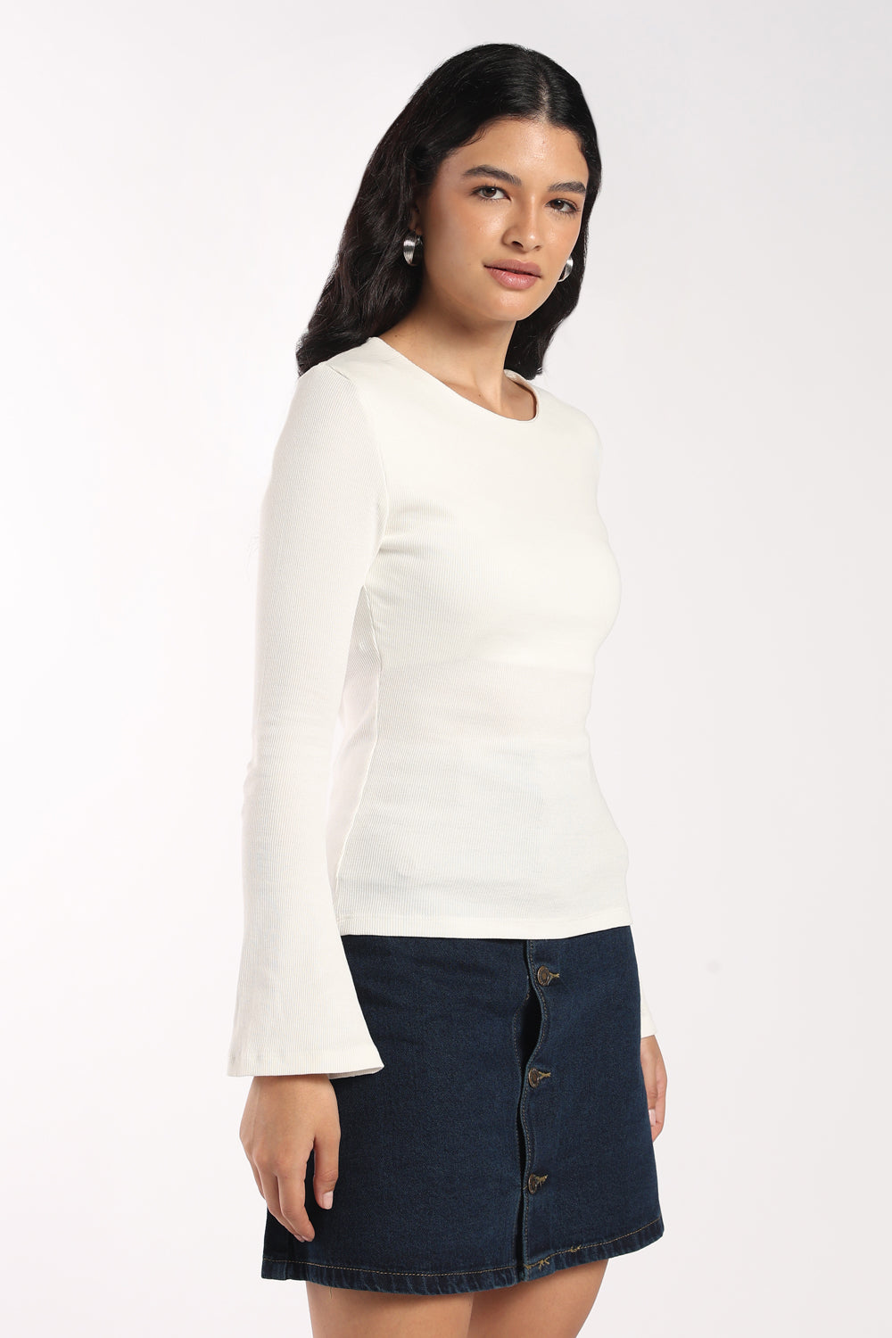 Womens Regular Fit Off White Ribbed Bell Sleeve Top - Image 4