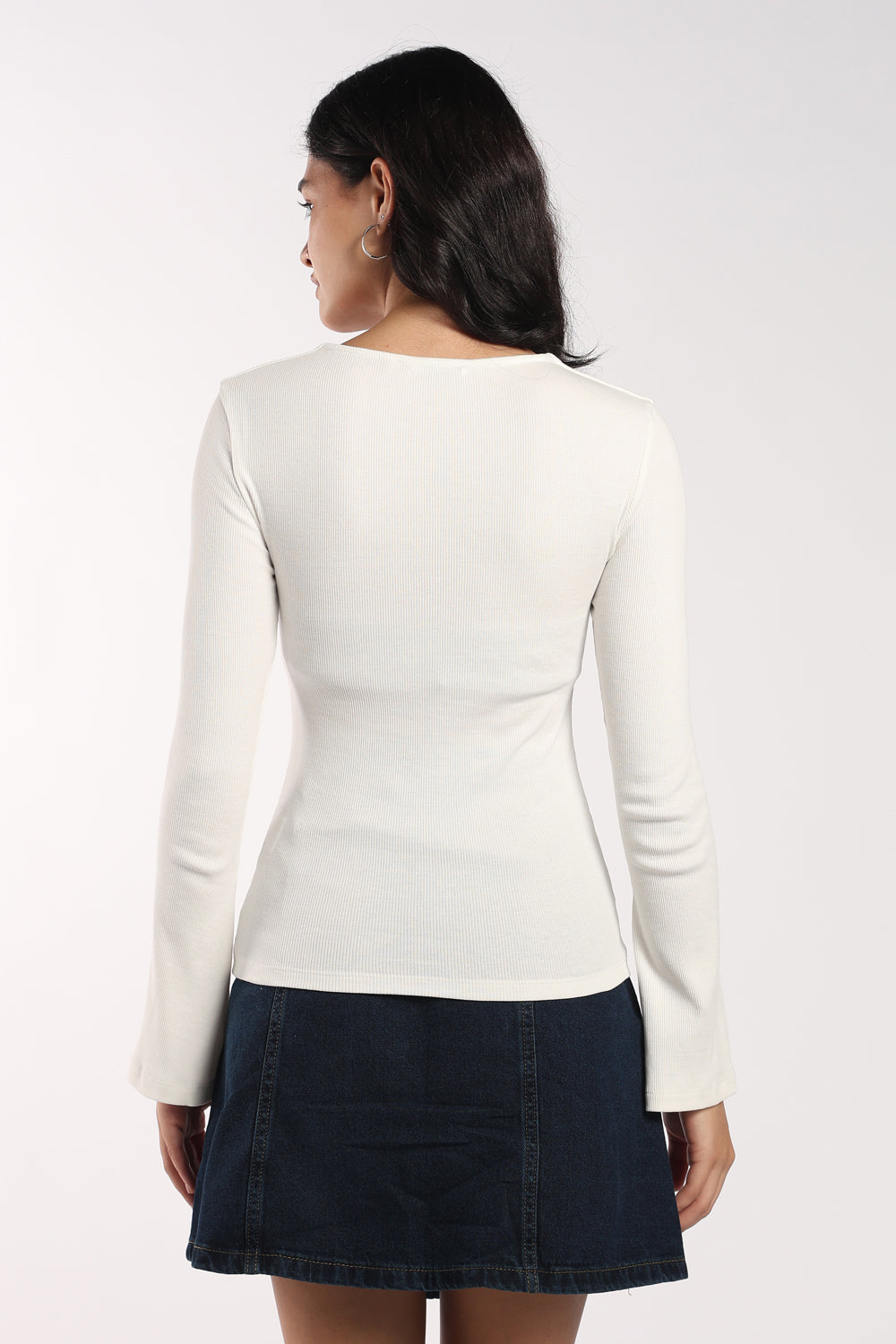 Womens Regular Fit Off White Ribbed Bell Sleeve Top - Image 5