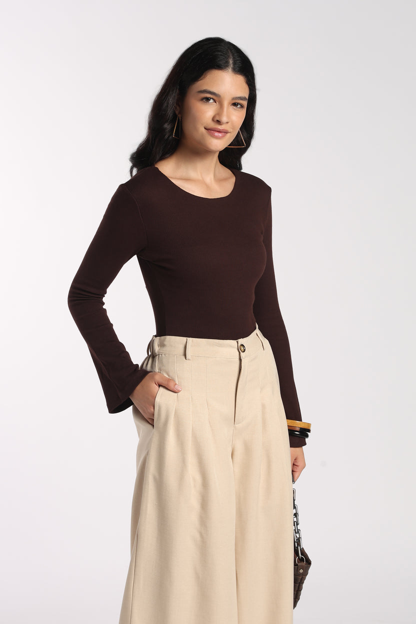 Womens Regular Fit Brown Ribbed Bell Sleeve Top - Image 1