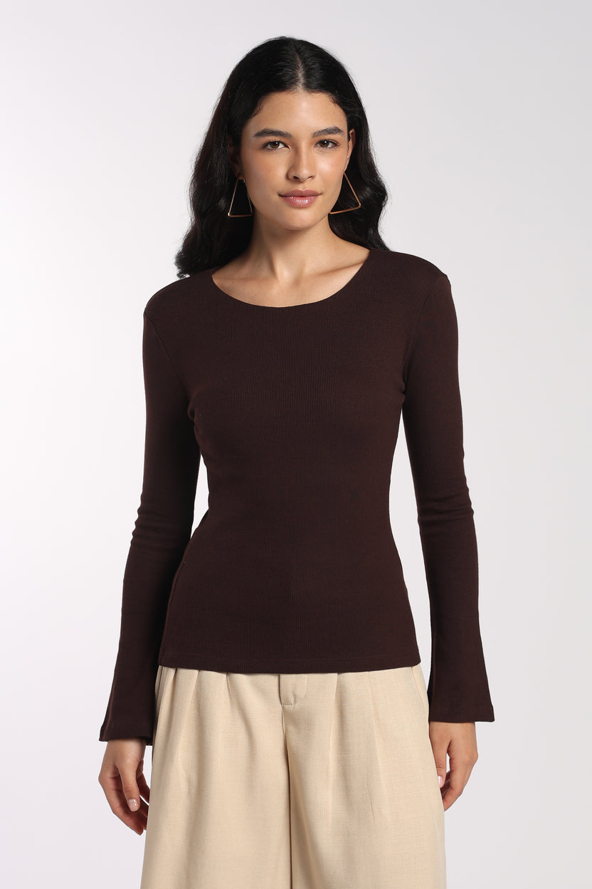 Womens Regular Fit Brown Ribbed Bell Sleeve Top - Image 2