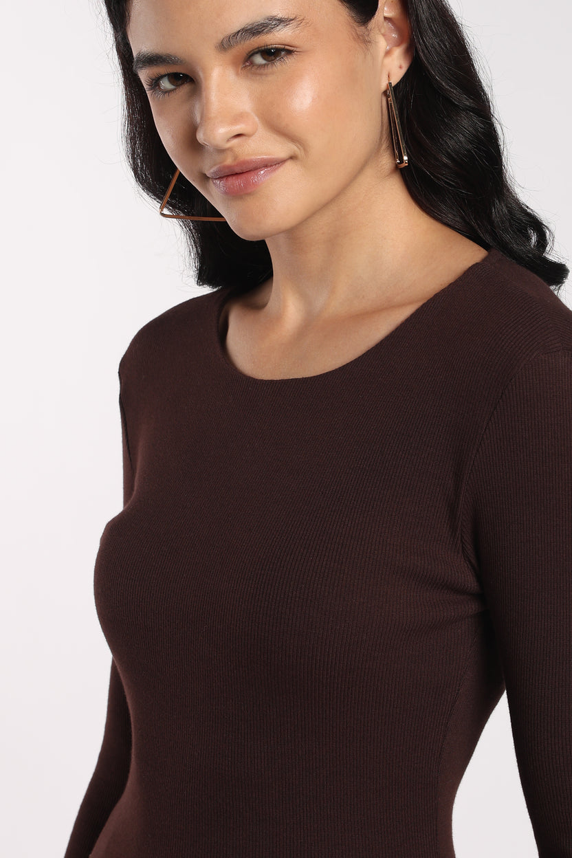Womens Regular Fit Brown Ribbed Bell Sleeve Top - Image 3