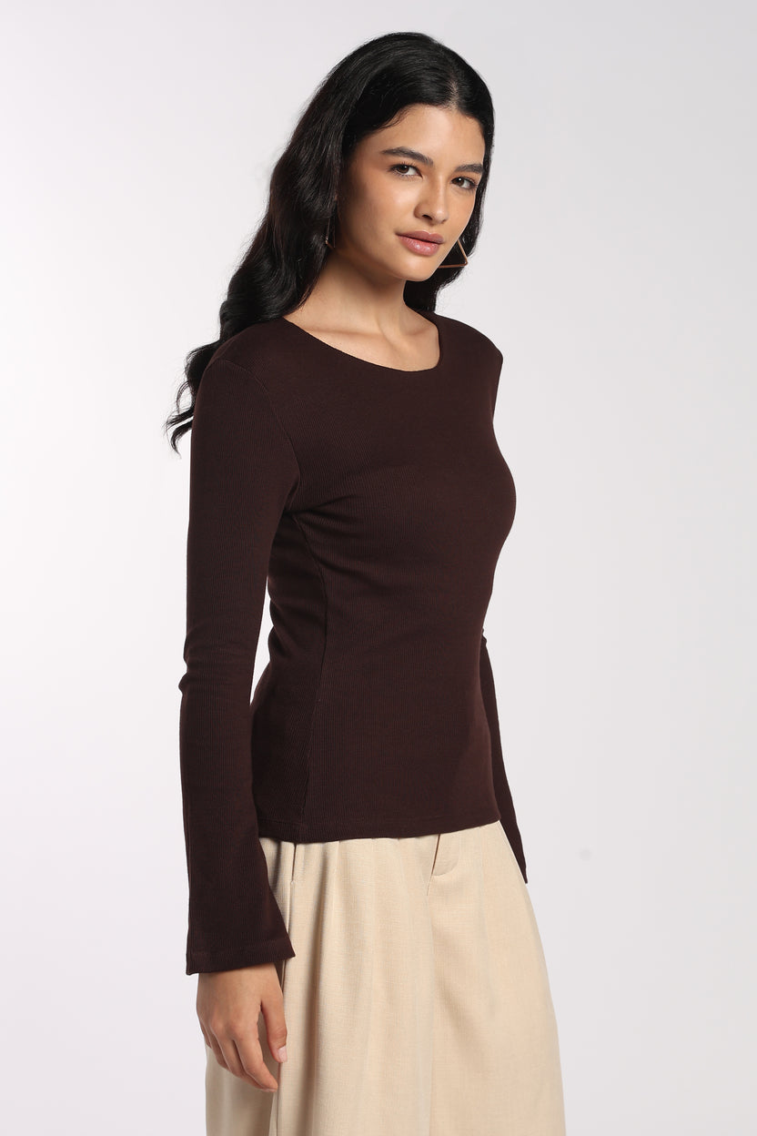 Womens Regular Fit Brown Ribbed Bell Sleeve Top - Image 4