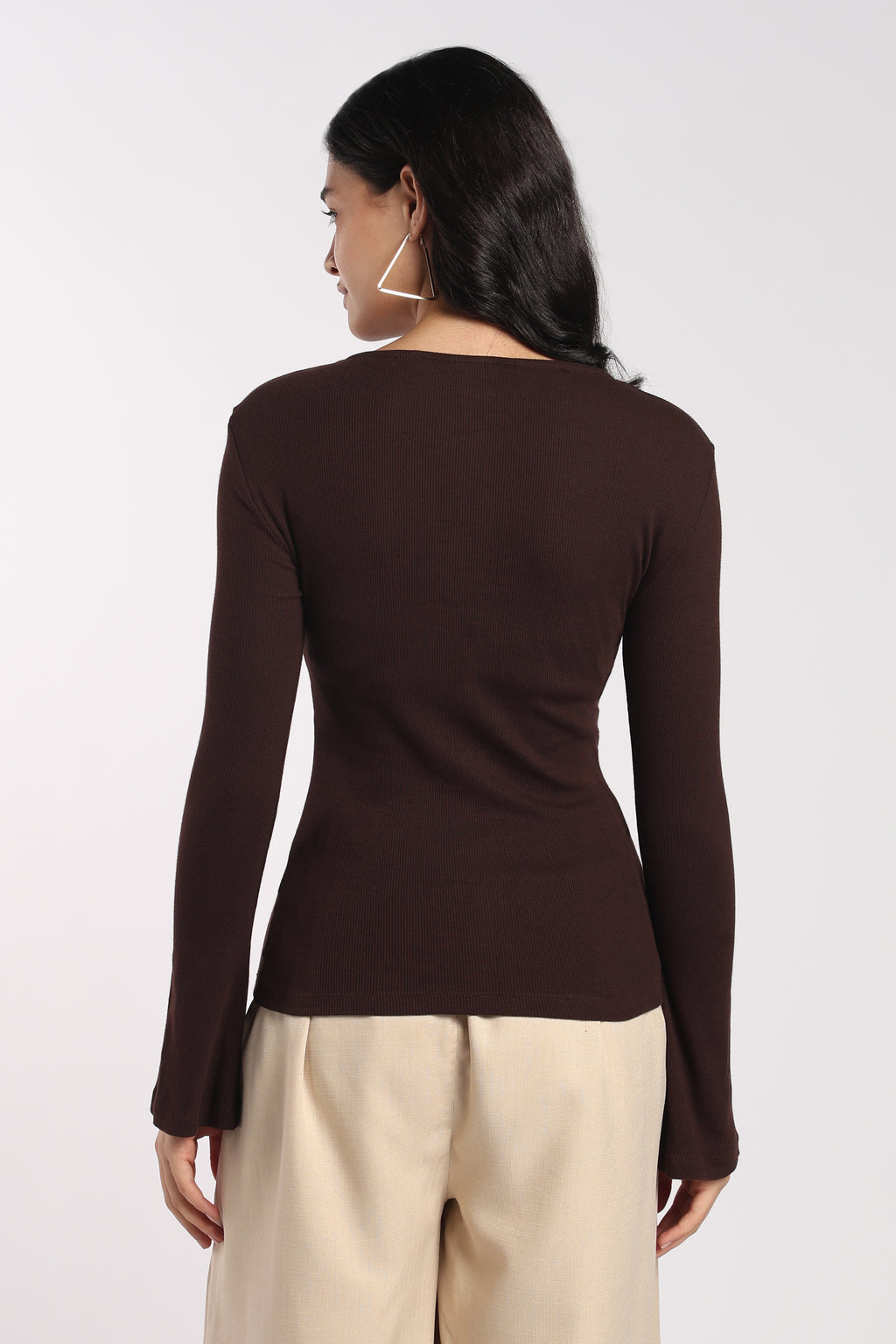 Womens Regular Fit Brown Ribbed Bell Sleeve Top - Image 5