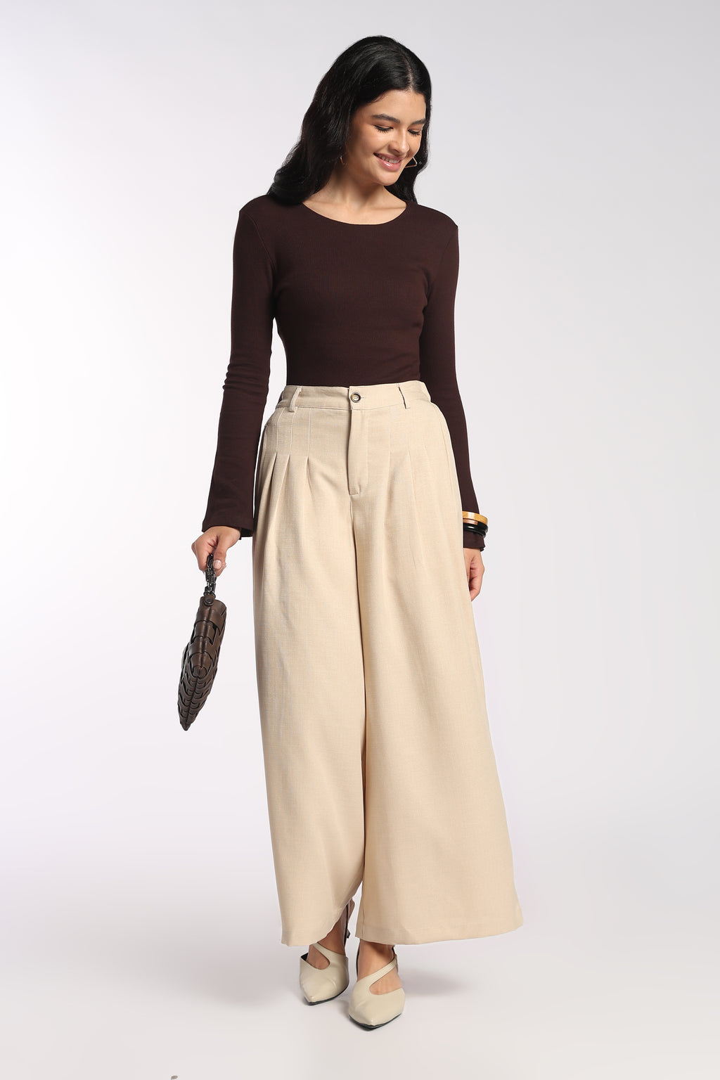 Womens Regular Fit Brown Ribbed Bell Sleeve Top - Image 6