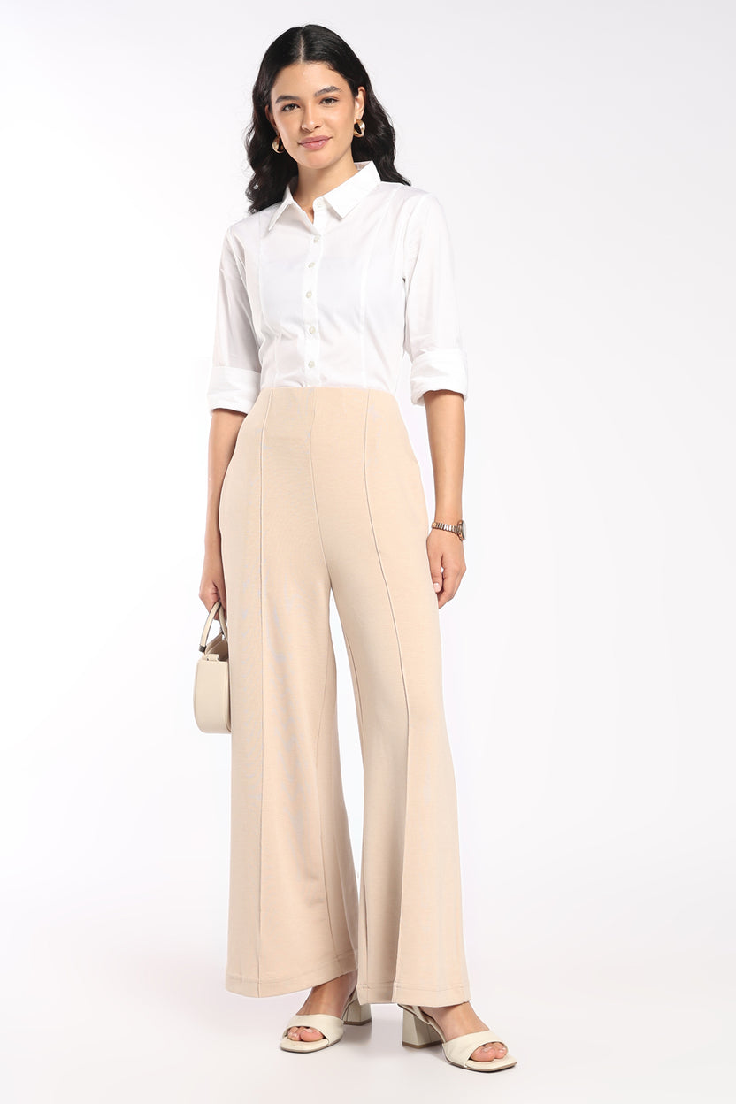 Womens Wide Leg Fit Beige Trouser - Image 1