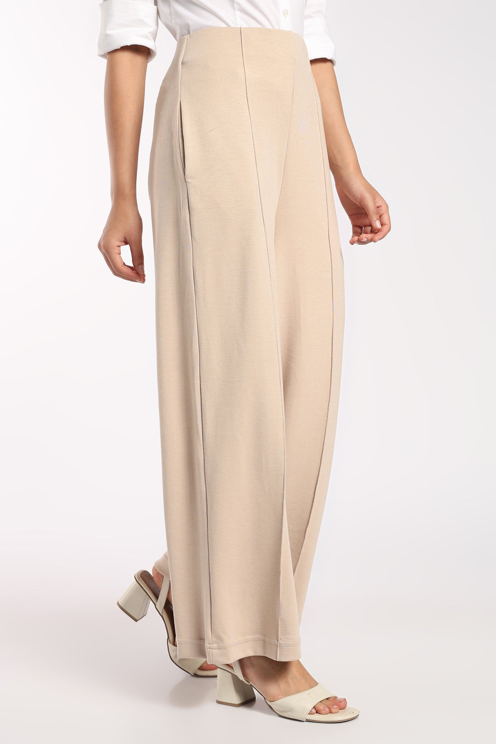 Womens Wide Leg Fit Beige Trouser - Image 4
