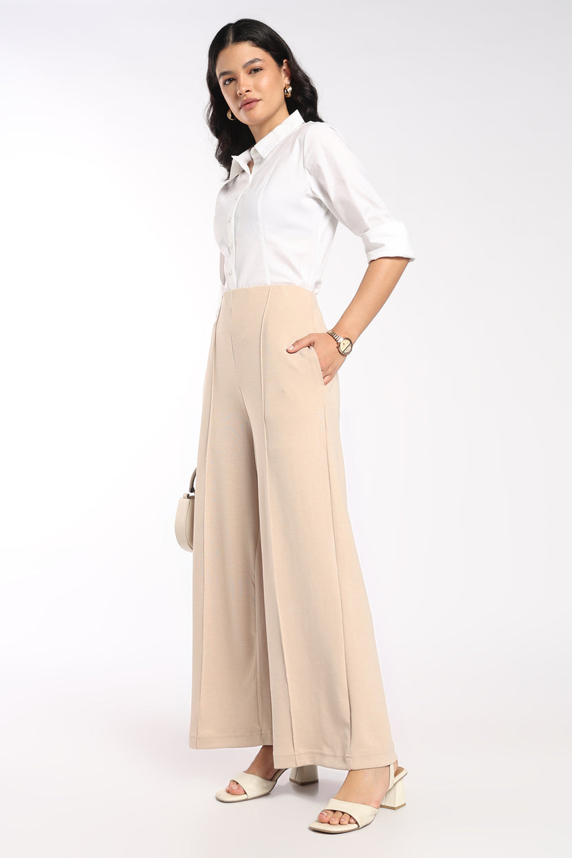 Womens Wide Leg Fit Beige Trouser - Image 6