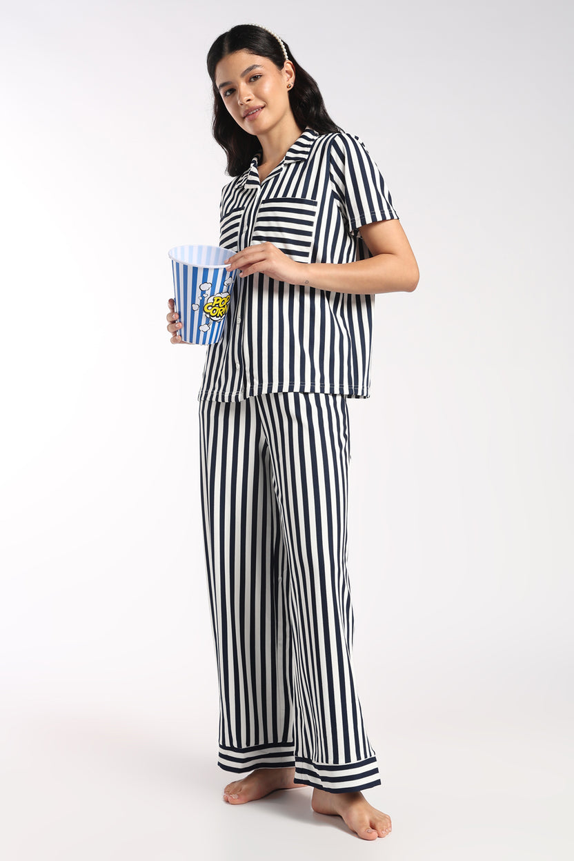 Womens Wide Leg Fit Navy Striped Pyjama - Image 6