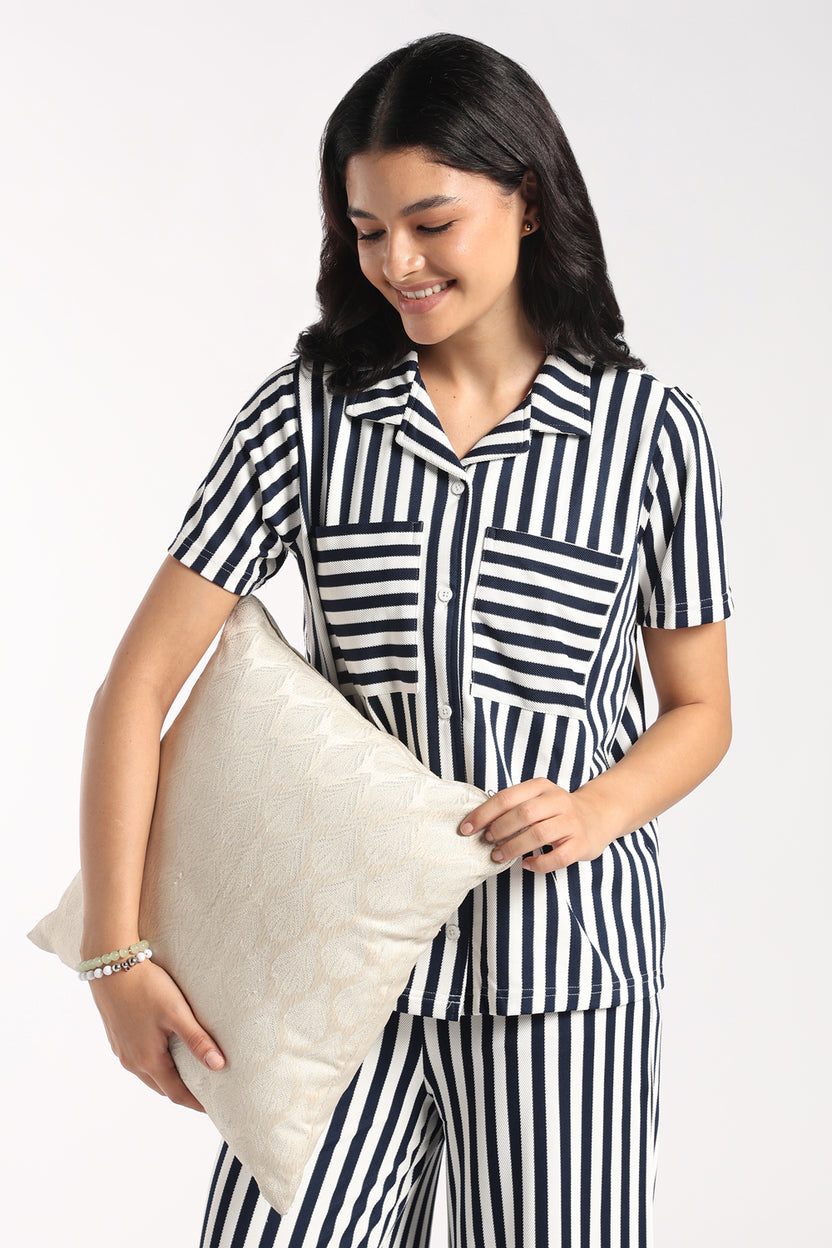 Womens Relaxed Fit Navy Striped Shirt - Image 1