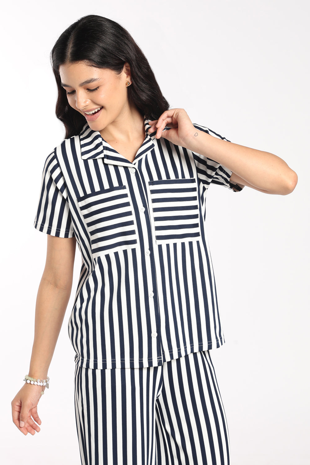 Womens Relaxed Fit Navy Striped Shirt - Image 2