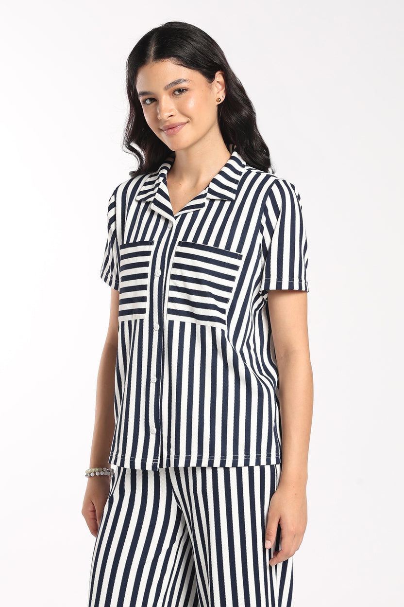 Womens Relaxed Fit Navy Striped Shirt - Image 4