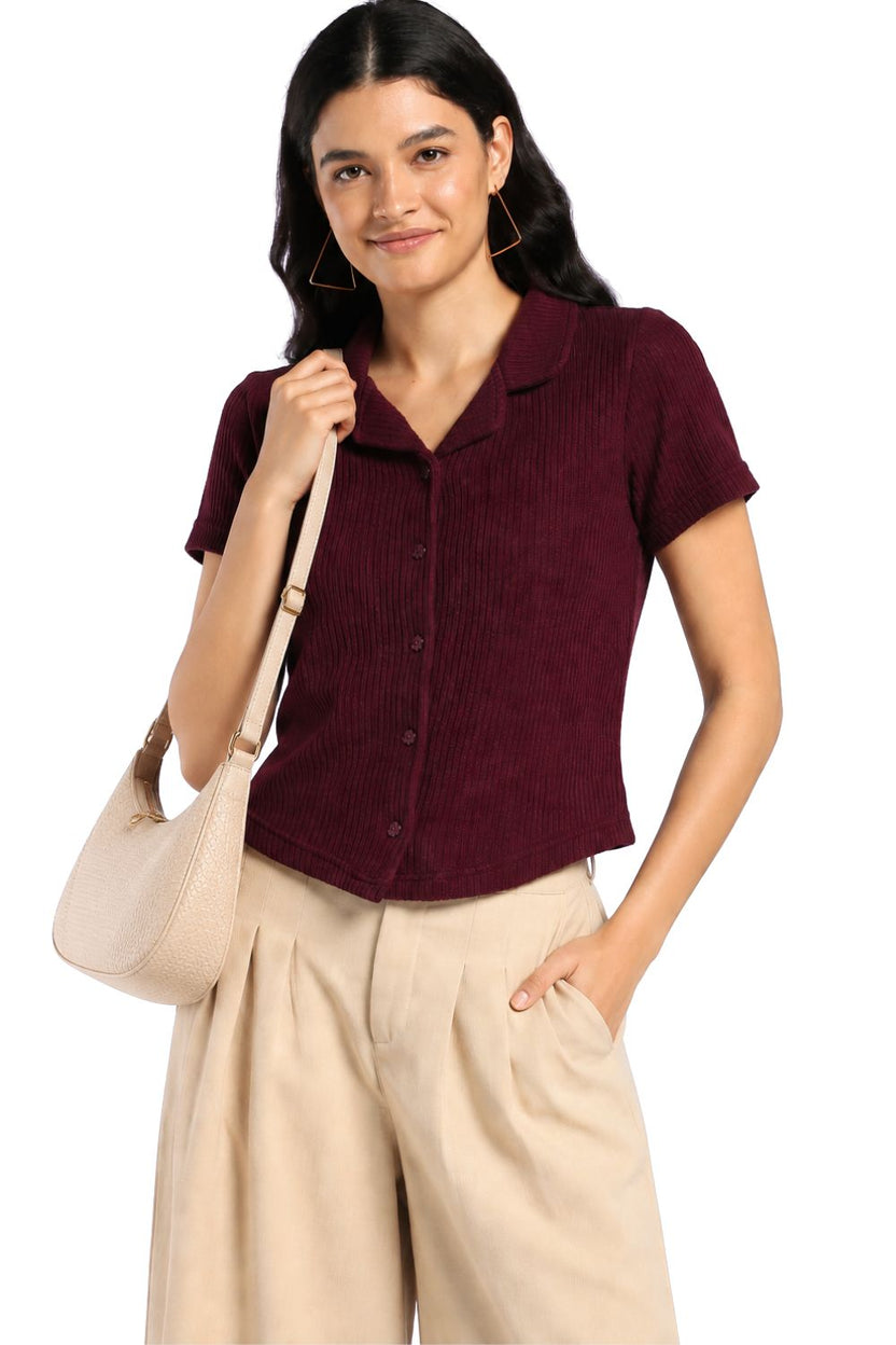 Womens Maroon Textured Collared Button-Up Shirt - Image 1