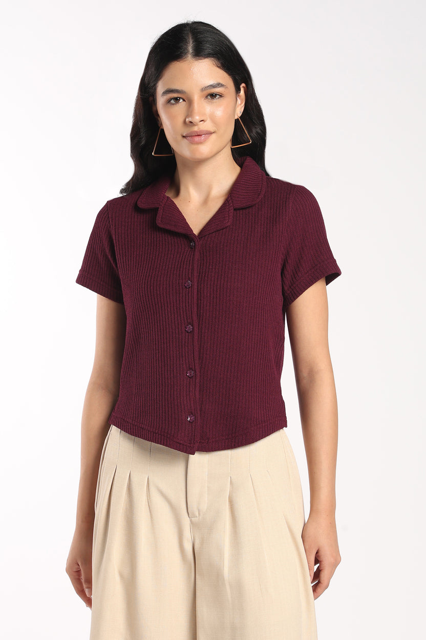 Womens Maroon Textured Collared Button-Up Shirt - Image 2