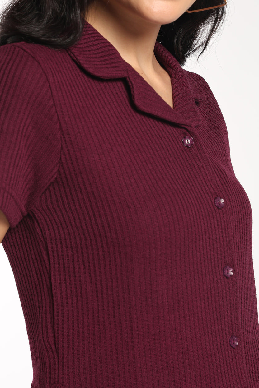 Womens Maroon Textured Collared Button-Up Shirt - Image 3