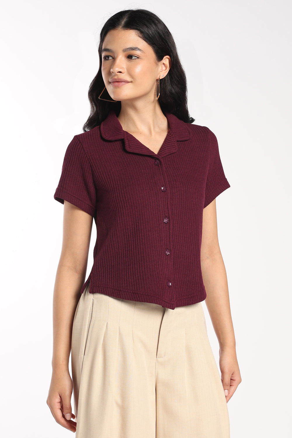 Womens Maroon Textured Collared Button-Up Shirt - Image 4