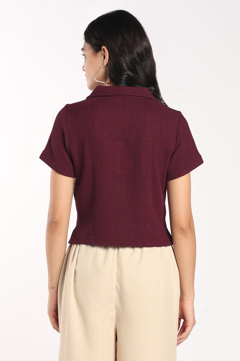 Womens Maroon Textured Collared Button-Up Shirt - Image 5