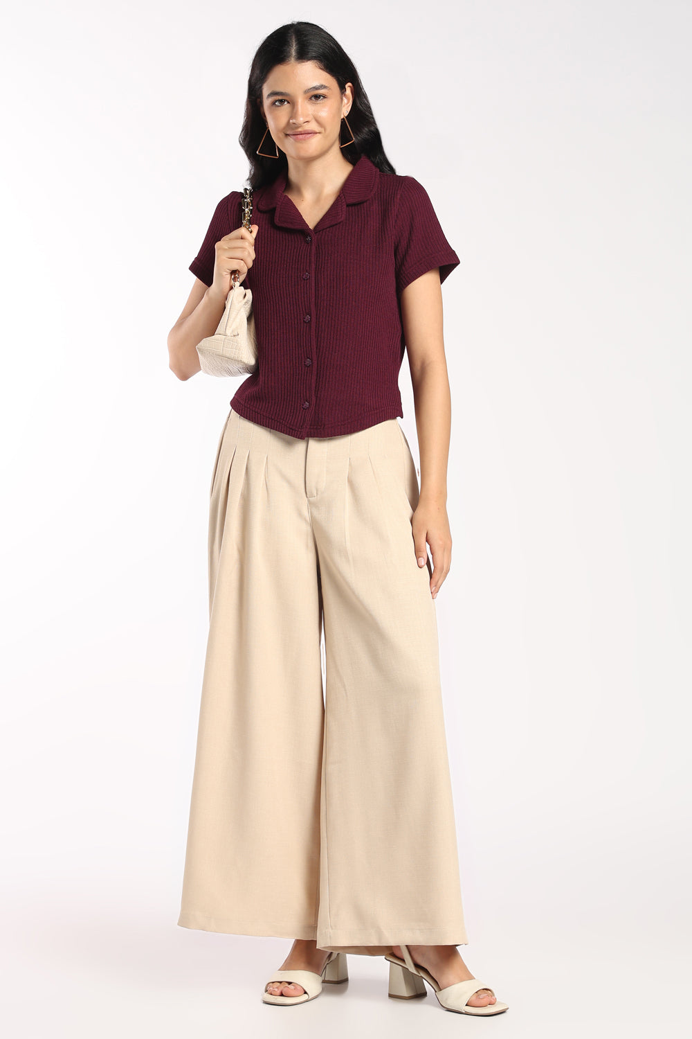 Womens Maroon Textured Collared Button-Up Shirt - Image 6