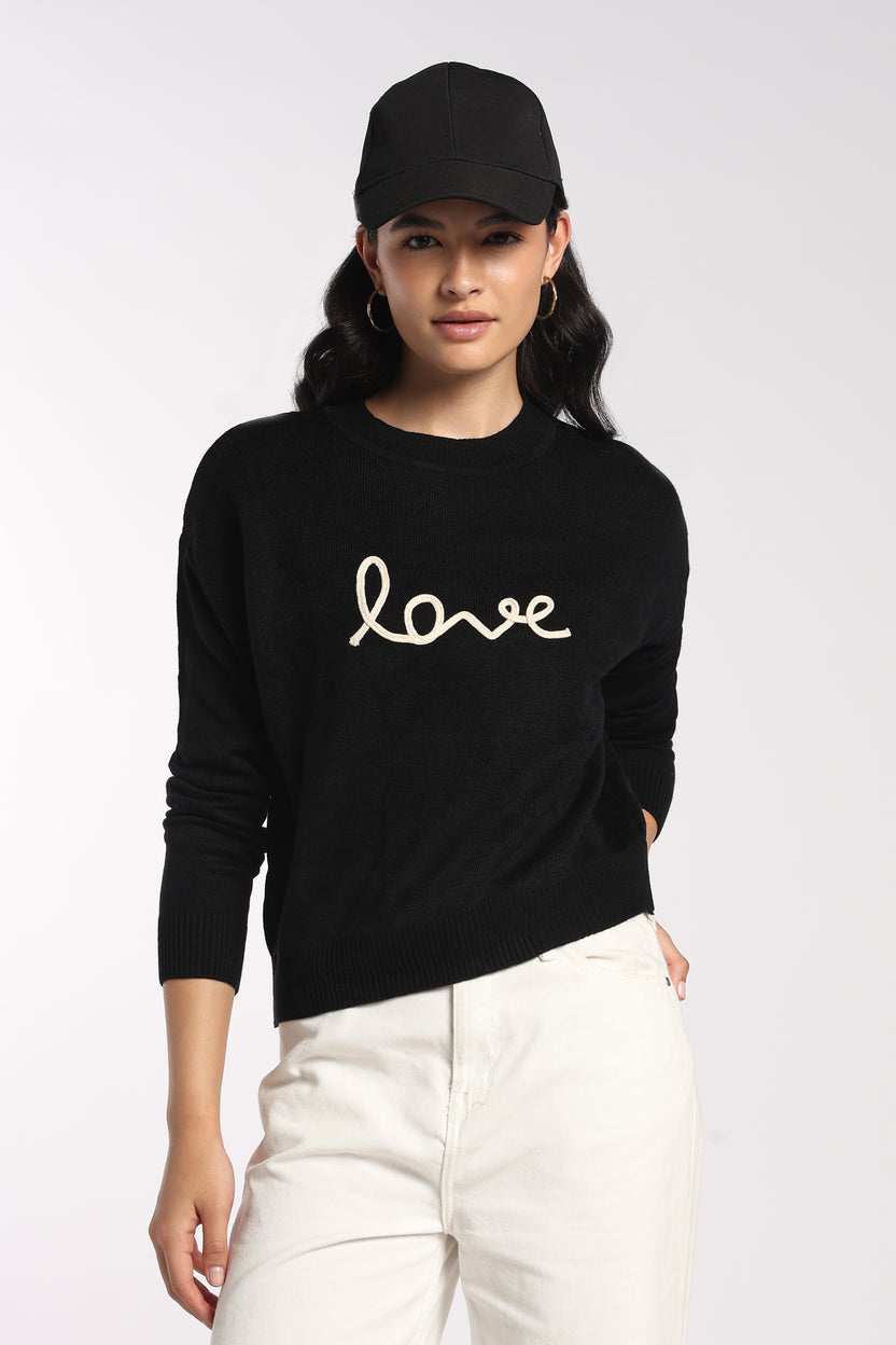 Womens Black Love Embroidered Sweater - Image 1