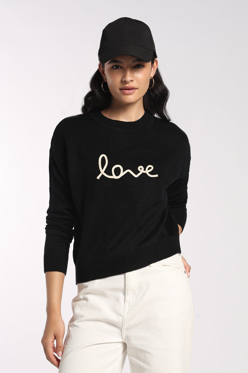 Womens Black Love Embroidered Sweater - Image 1