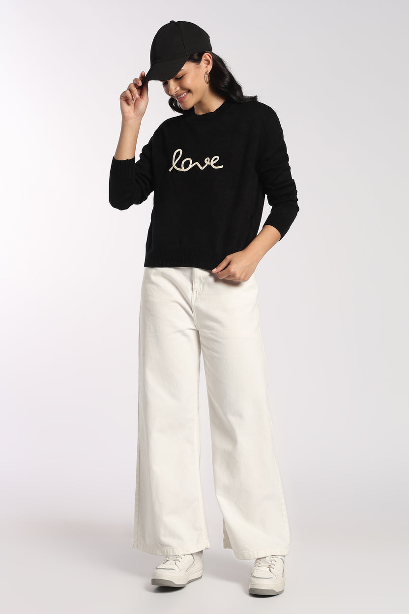 Womens Black Love Embroidered Sweater - Image 6