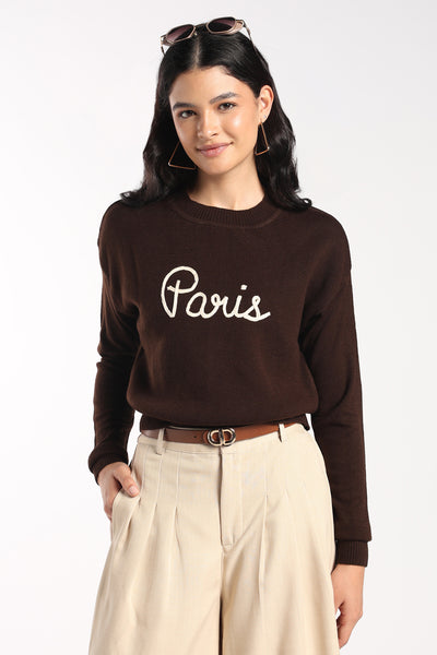 Womens Brown Paris Embroidered Sweater