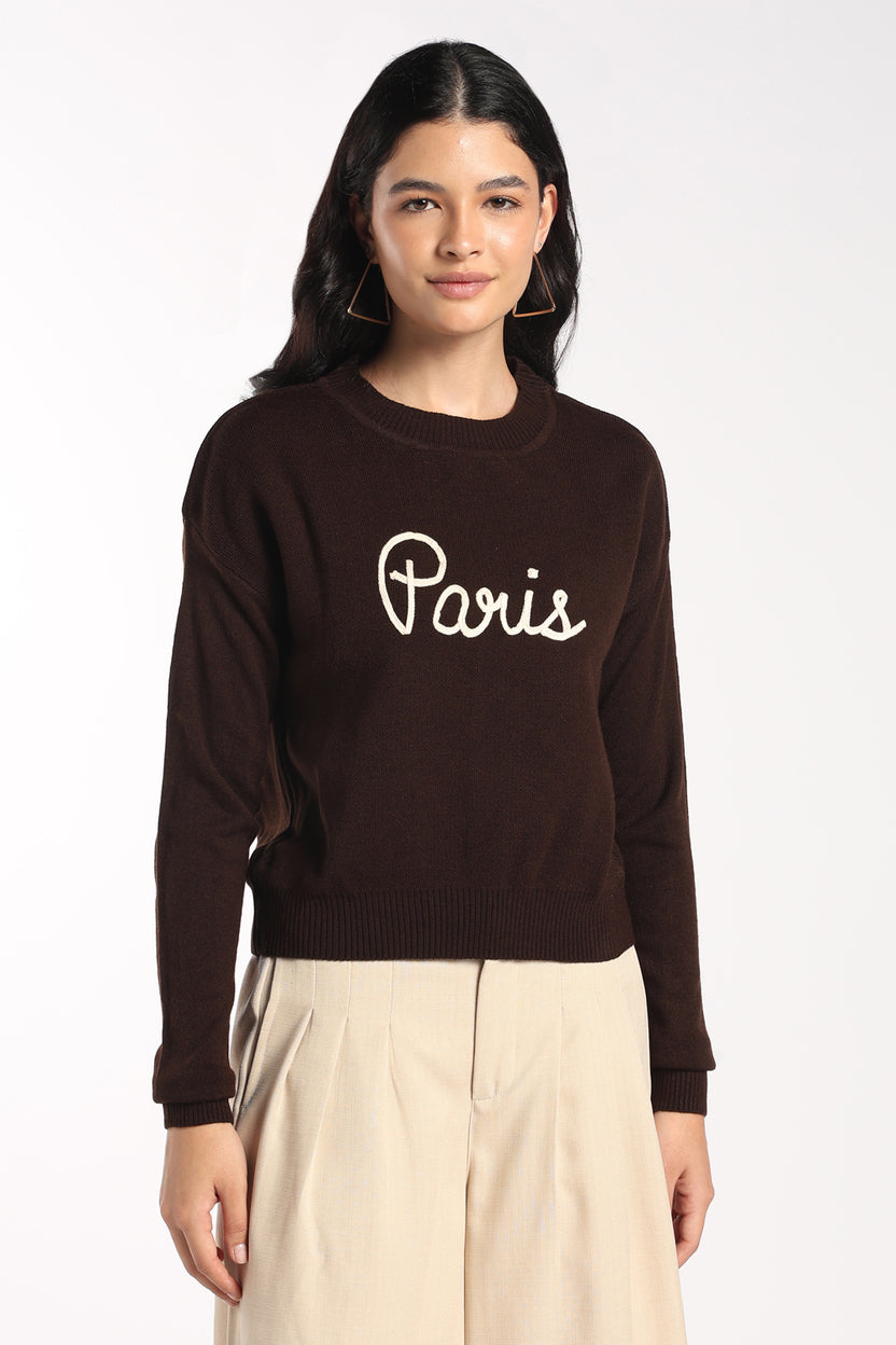 Womens Brown Paris Embroidered Sweater - Image 2