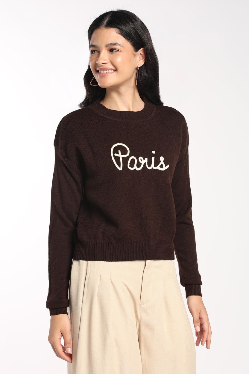 Womens Brown Paris Embroidered Sweater - Image 4