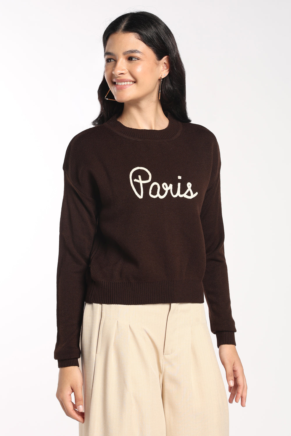 Womens Brown Paris Embroidered Sweater - Image 4