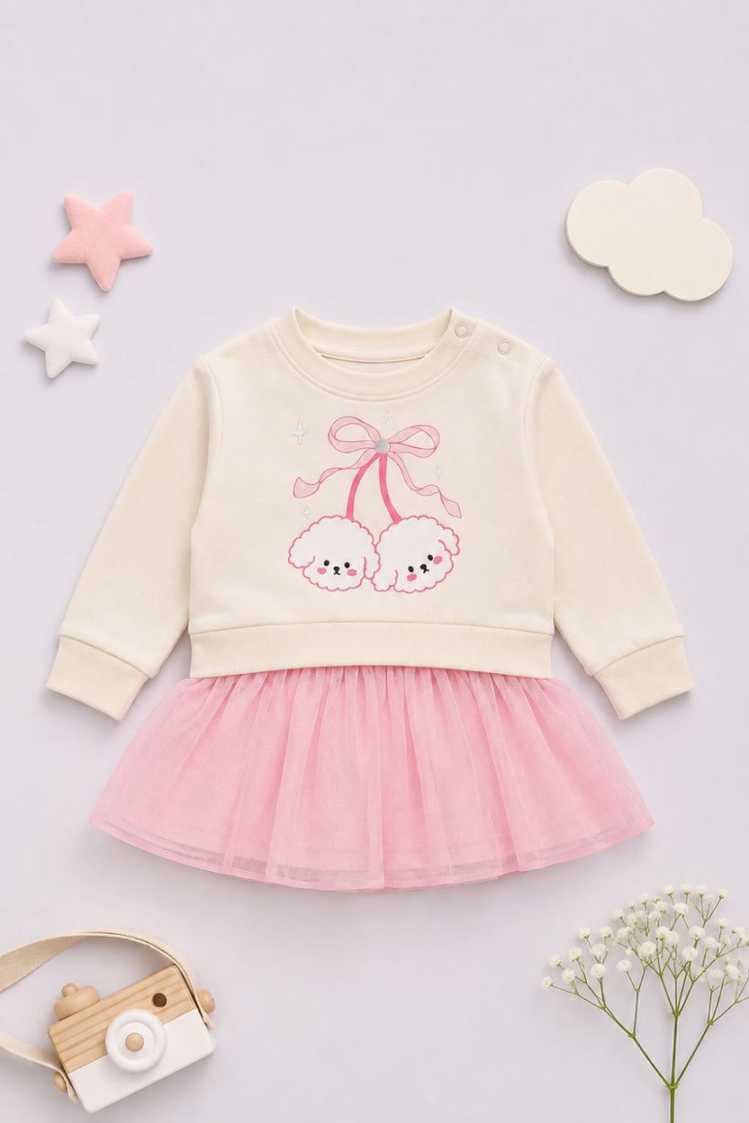 Infant Girls Off White Bunny Print Tulle Dress - Image 1