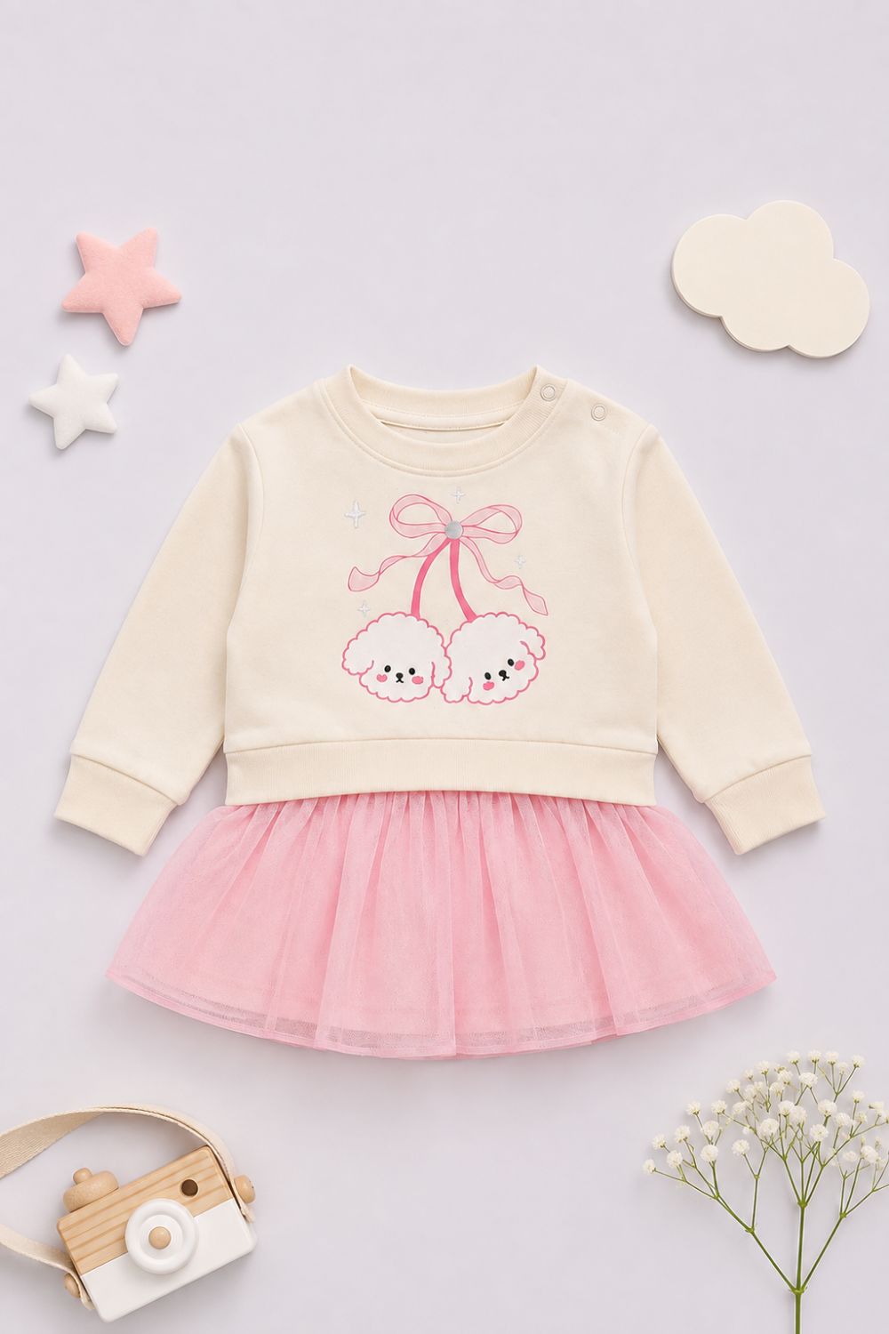 Infant Girls Off White Bunny Print Tulle Dress - Image 1