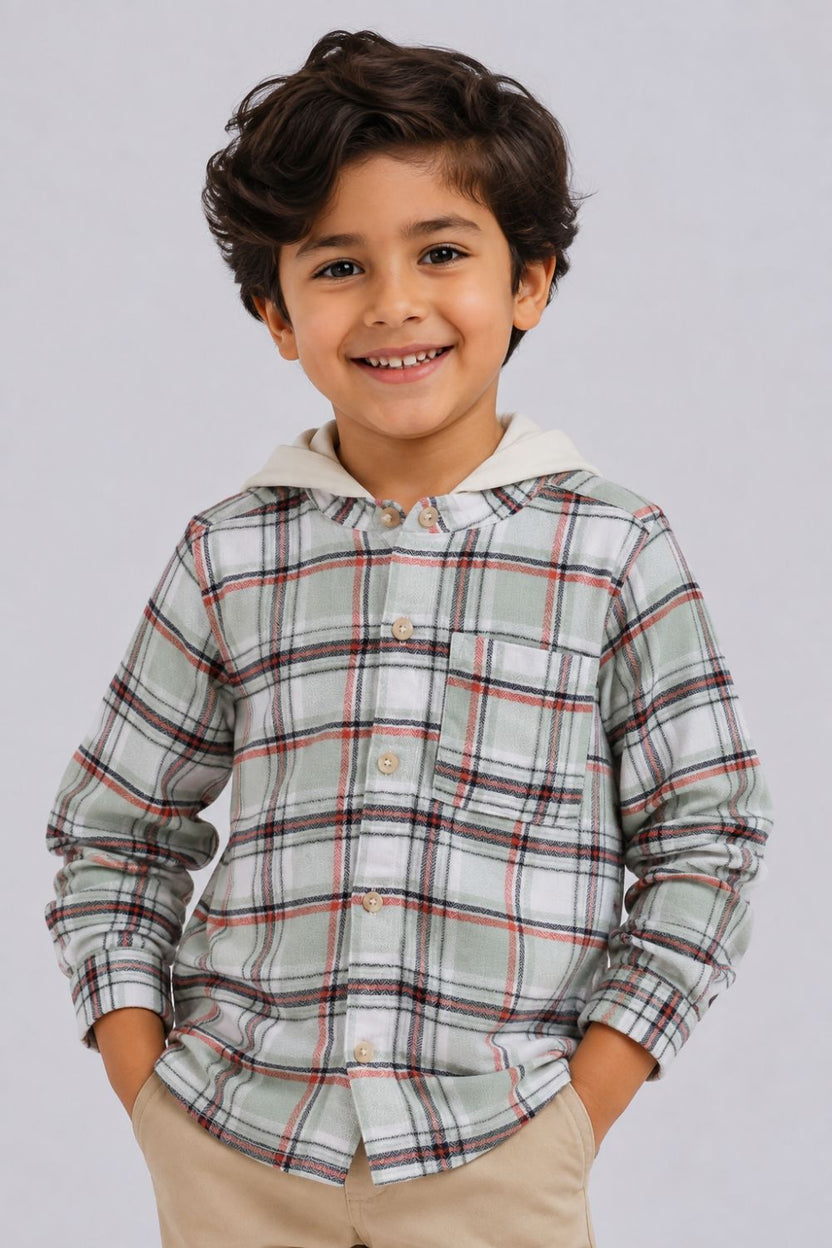 Boys Regular Fit Green Hooded Shirt - Image 1