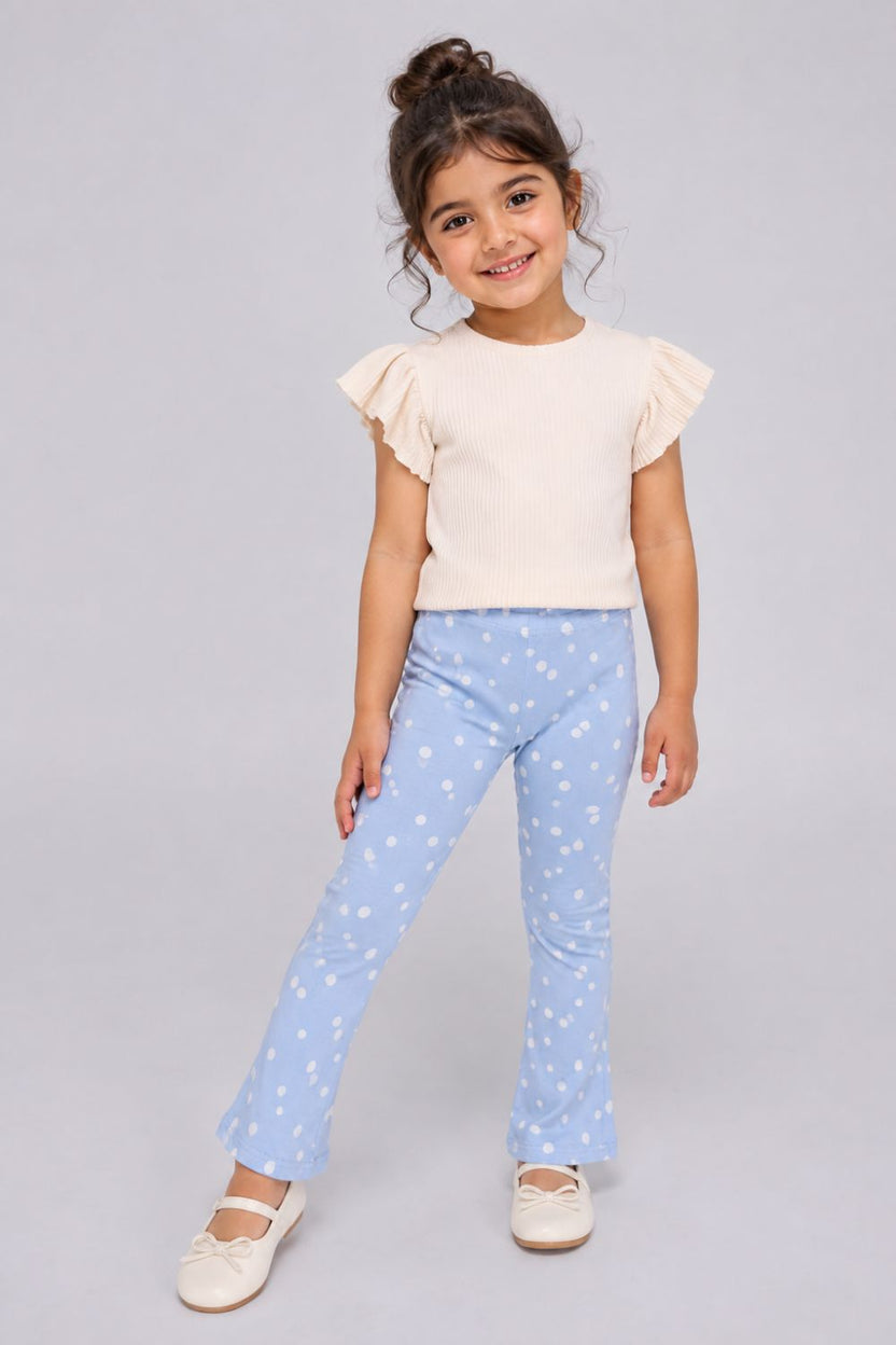 Girls Flared Light Blue Polka Dot Printed Legging - Image 1