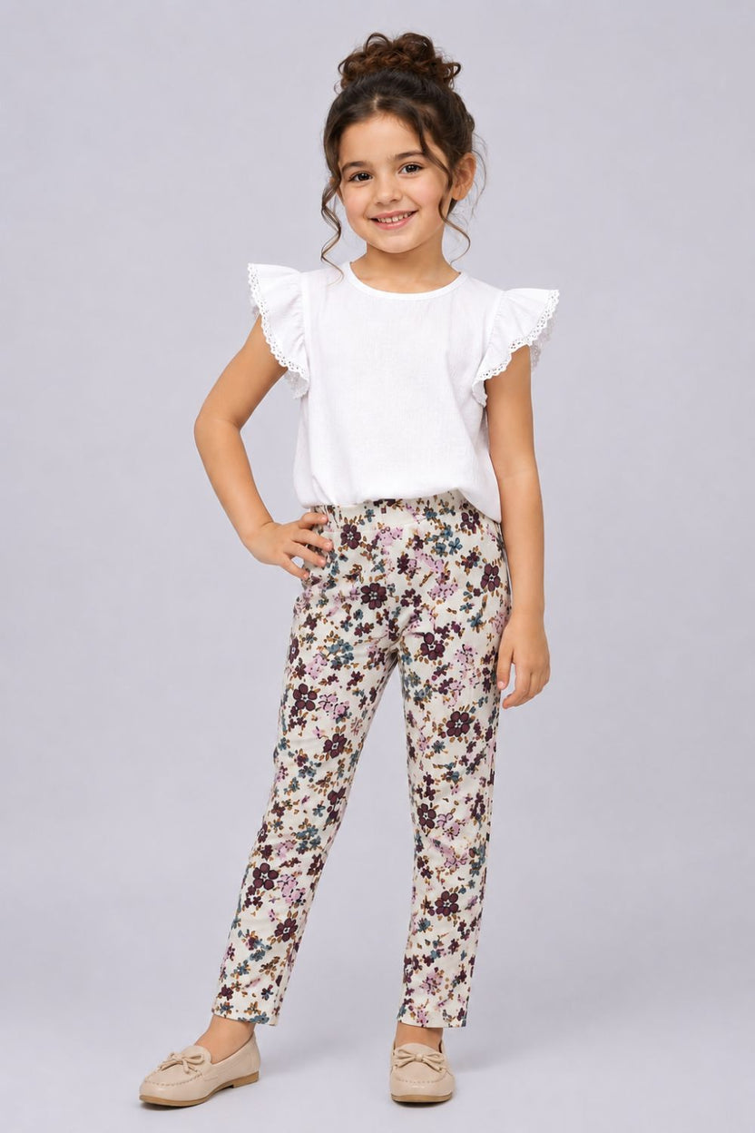Girls Regular Fit Off White Floral Leggings - Image 1