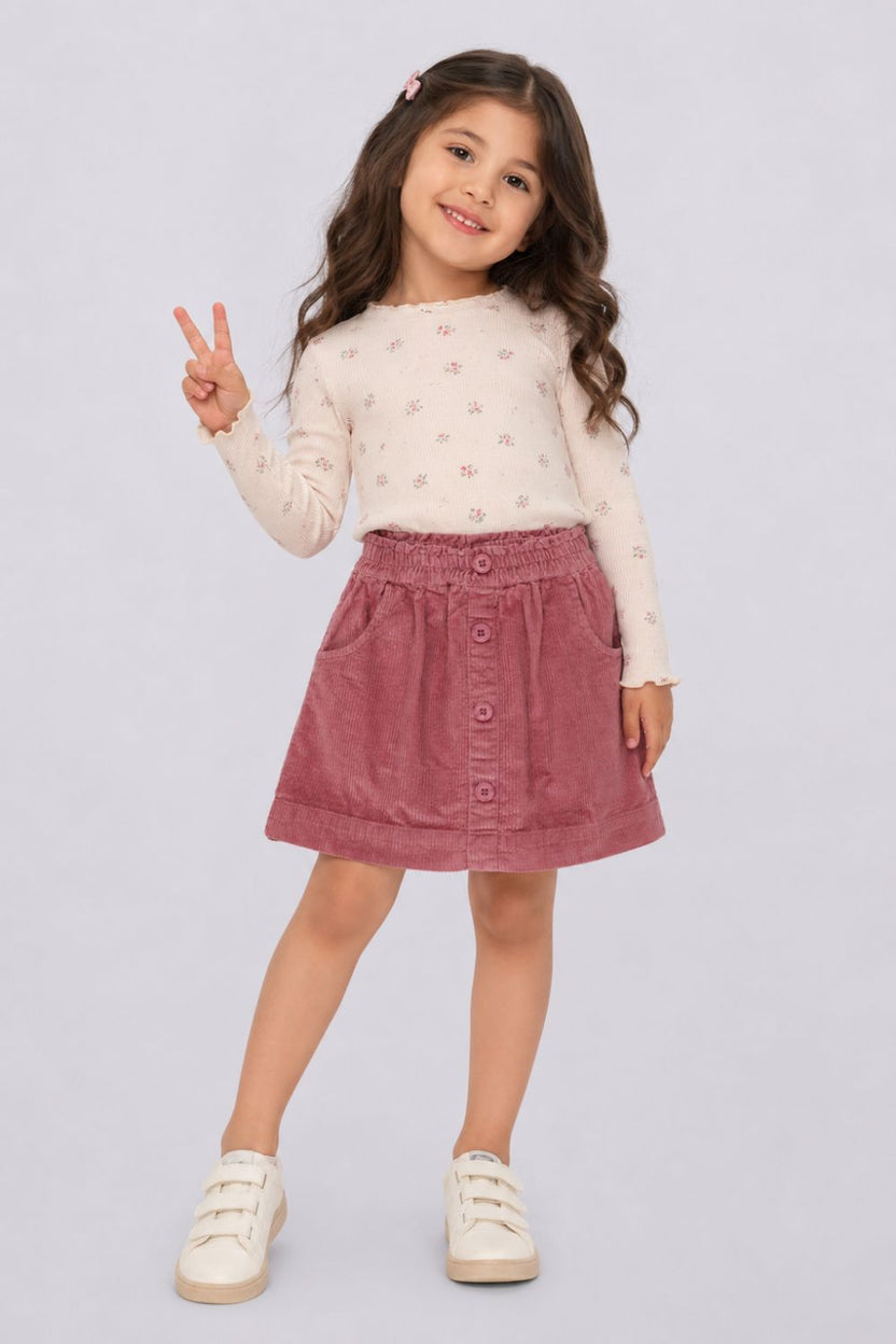 Girls Regular Fit Pink Courdroy Skirt - Image 1
