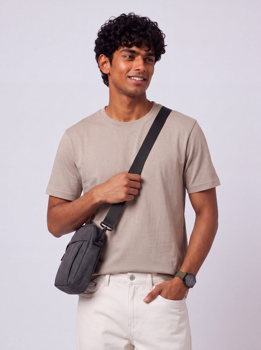 Mens Regular Fit Beige Solid T-Shirt - Image 1