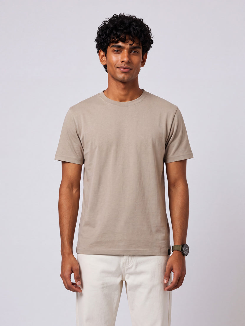 Mens Regular Fit Beige Solid T-Shirt - Image 2