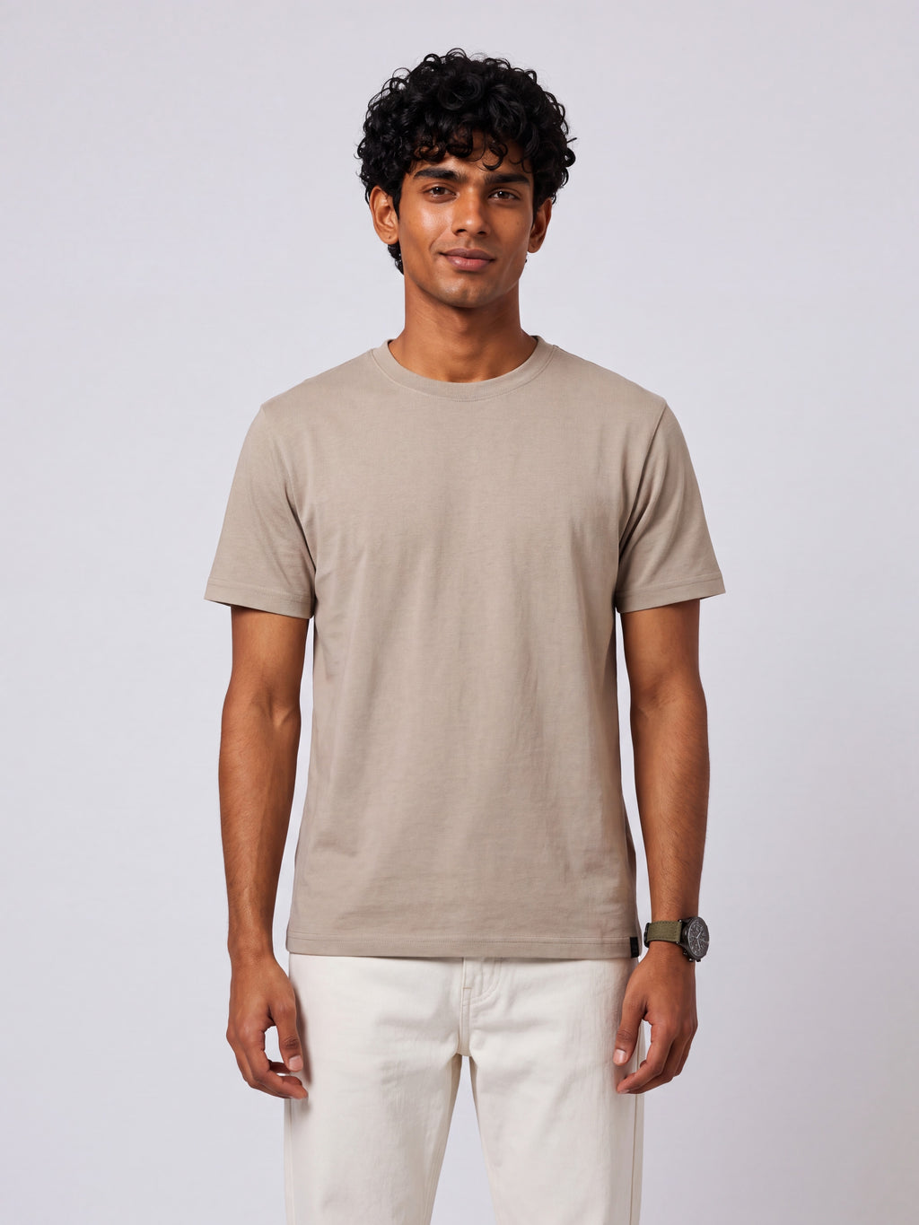 Mens Regular Fit Beige Solid T-Shirt - Image 2