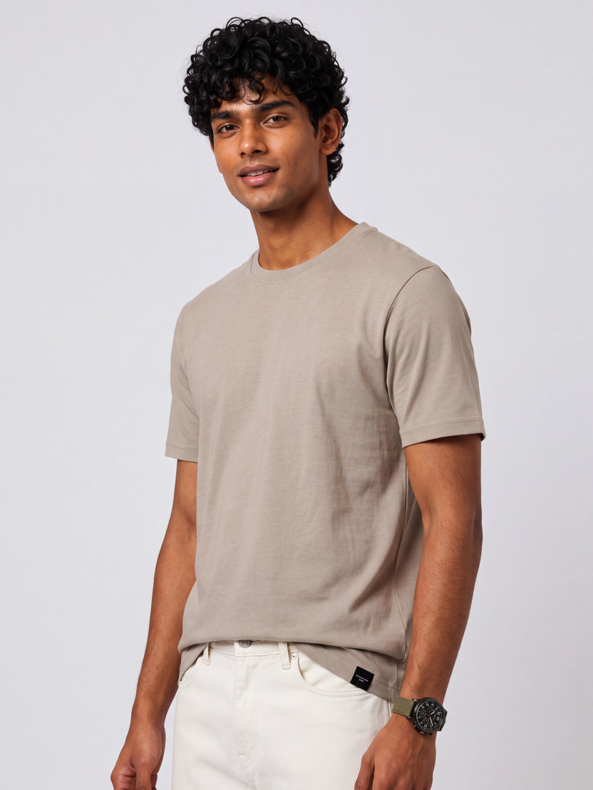 Mens Regular Fit Beige Solid T-Shirt - Image 4