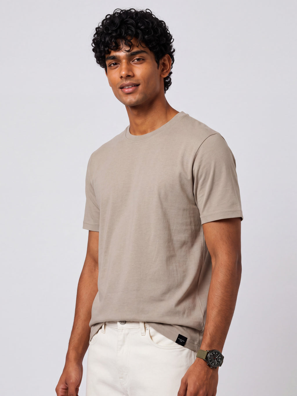 Mens Regular Fit Beige Solid T-Shirt - Image 4