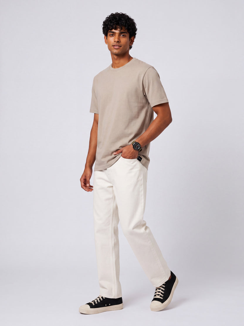 Mens Regular Fit Beige Solid T-Shirt - Image 6