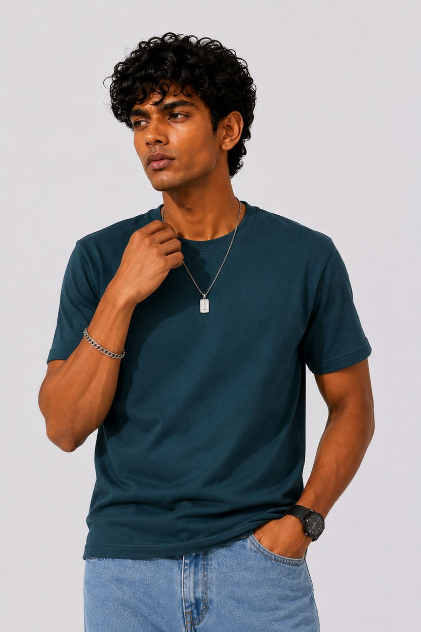 Mens Regular Fit Teal Solid T-Shirt - Image 1